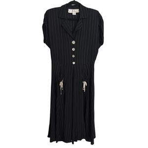 Janice McCarty Dress Womens Small Black Pinstripe Button Front Midi Tie Back VTG